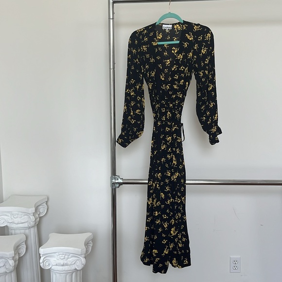 Ganni Floral Crepe Maxi Wrap Dress Size 2 - Picture 3 of 6